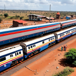 A vibrant scene showcasing the economic impact of Kenya's Standard Gauge Railway (SGR). A sleek, modern SGR cargo train is rapidly moving through a dynamic landscape, perhaps passing by bustling local markets and newly established businesses near a railway station. The foreground should depict various goods being efficiently loaded or unloaded, with people engaged in commerce. Emphasize the blend of modern infrastructure with thriving local communities, symbolizing increased trade, reduced logistics costs, and new opportunities for small businesses. Realistic, high-resolution photography, bright daylight, conveying dynamism and progress.