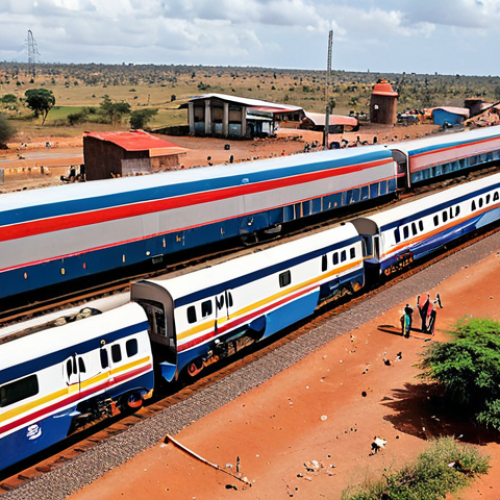 Home 15 A vibrant scene showcasing the economic impact of Kenya's Standard Gauge Railway (SGR). A sleek, modern SGR cargo train is rapidly moving through a dynamic landscape, perhaps passing by bustling local markets and newly established businesses near a railway station. The foreground should depict various goods being efficiently loaded or unloaded, with people engaged in commerce. Emphasize the blend of modern infrastructure with thriving local communities, symbolizing increased trade, reduced logistics costs, and new opportunities for small businesses. Realistic, high-resolution photography, bright daylight, conveying dynamism and progress.