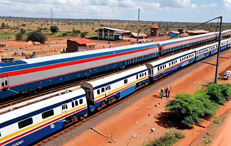 A vibrant scene showcasing the economic impact of Kenya's Standard Gauge Railway (SGR). A sleek, modern SGR cargo train is rapidly moving through a dynamic landscape, perhaps passing by bustling local markets and newly established businesses near a railway station. The foreground should depict various goods being efficiently loaded or unloaded, with people engaged in commerce. Emphasize the blend of modern infrastructure with thriving local communities, symbolizing increased trade, reduced logistics costs, and new opportunities for small businesses. Realistic, high-resolution photography, bright daylight, conveying dynamism and progress.
