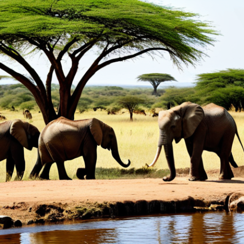 Home 14 Vibrant Safari Scene**
"A wide shot of a safari in the Kenyan savanna, fully clothed tourists in khaki clothing observe a family of elephants near a watering hole, acacia trees in the background, warm sunlight, appropriate attire, safe for work, perfect anatomy, natural proportions, professional photography, high quality, family-friendly"
**