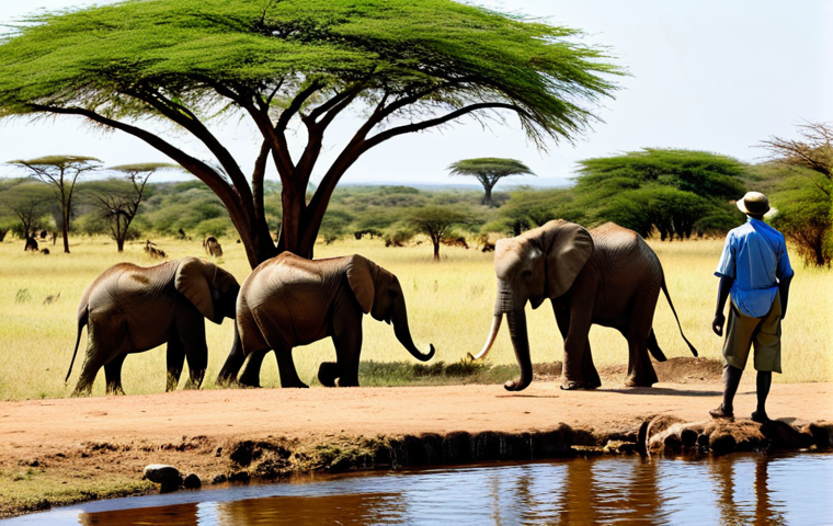 Vibrant Safari Scene**

"A wide shot of a safari in the Kenyan savanna, fully clothed tourists in khaki clothing observe a family of elephants near a watering hole, acacia trees in the background, warm sunlight, appropriate attire, safe for work, perfect anatomy, natural proportions, professional photography, high quality, family-friendly"

**